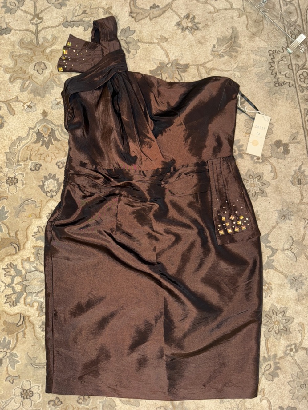 Brand New Elegant One-Shoulder Brown Evening Coctaik Dress with stones - Picture 6 of 9